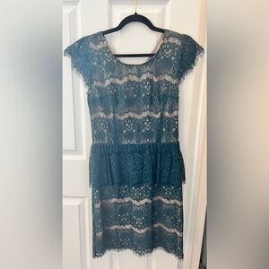 Maeve Teal Lace Peplum Midi Dress with Nude Lining